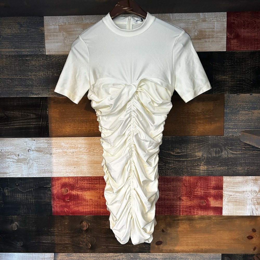 Alexander Wang Ruched Bodycon Dress Vintage White Mock Neck Mini Size S BNWT